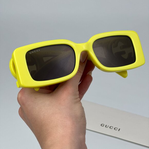 Gucci GG1325S 007 BRAND NEW Sunglasses Acid Yellow Brown Rectangle Unisex - Picture 2 of 11